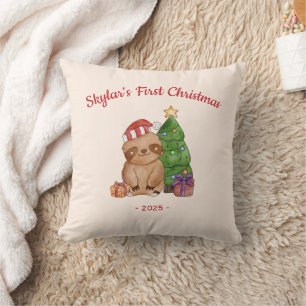 Sloth in Santa Hat Baby's First Christmas Throw Pillow