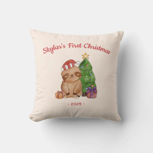 Sloth in Santa Hat Baby's First Christmas Throw Pillow