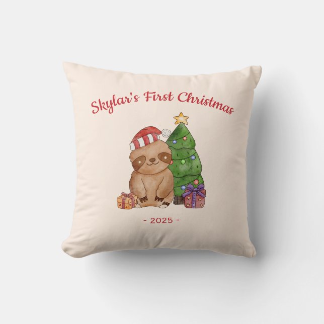 Sloth in Santa Hat Baby's First Christmas Throw Pillow (Front)