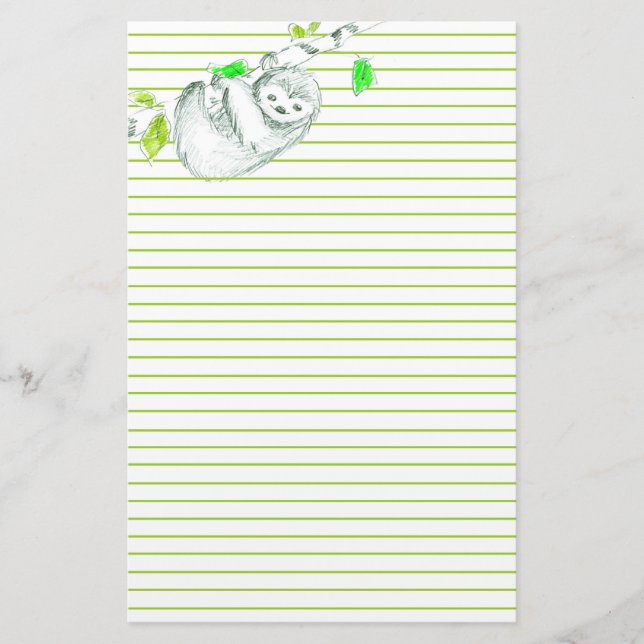 Sloth In Tree Green Lined Stationery (Front)