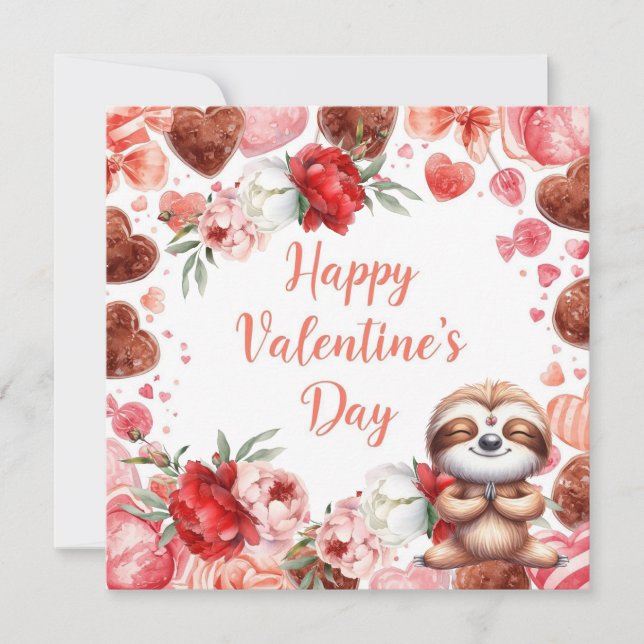 Sloth in  Yoga Class on Valentine's Day  Holiday Card (Front)