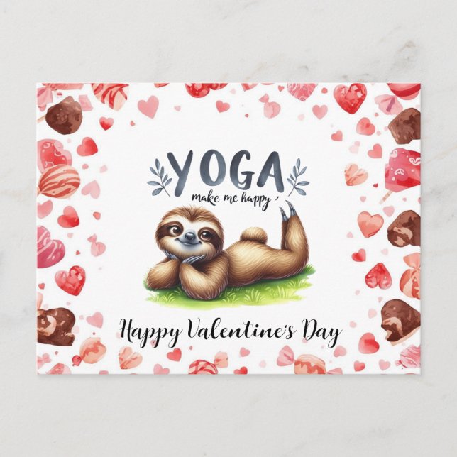 Sloth in  Yoga Class on Valentine's Day  Holiday Postcard (Front)