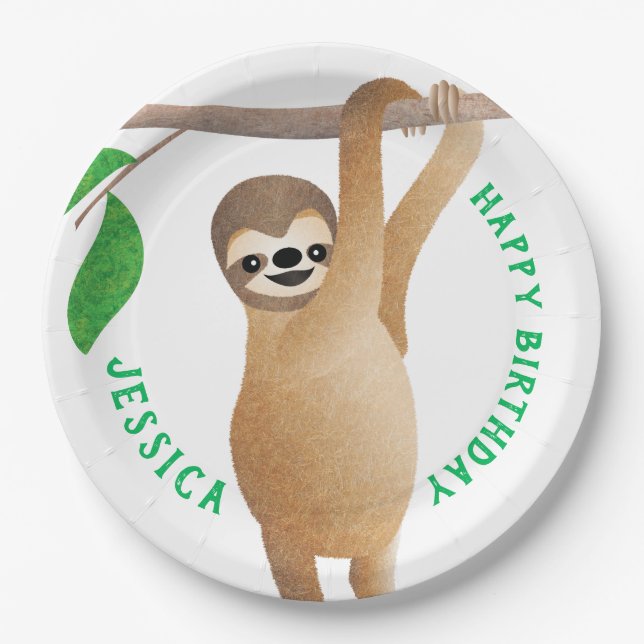 Sloth Kids Happy Birthday Party Cake Custom Text Paper Plate (Front)