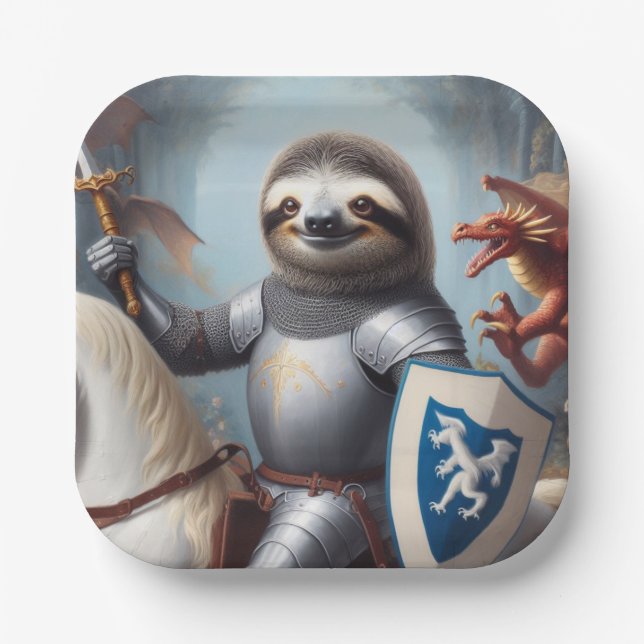 Sloth Knight Fighting Dragons Paper Plate (Front)