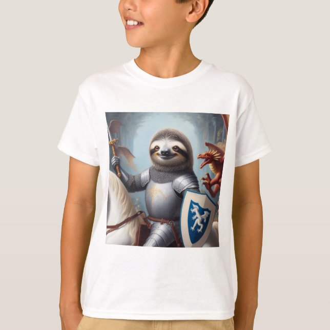 Sloth Knight Fighting Dragons T-Shirt (Front)