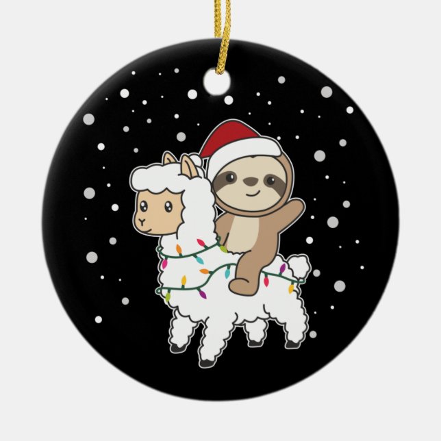 Sloth Lama Christmas Snow Winter Animals Ceramic O Ceramic Ornament (Front)