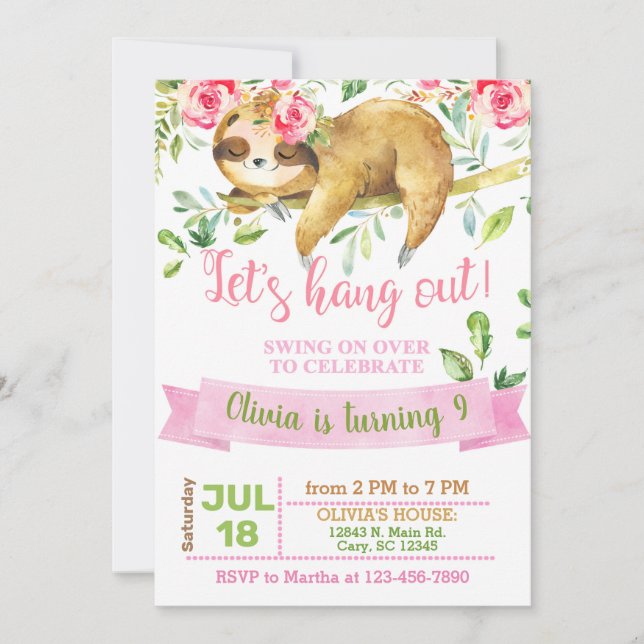 Sloth let's hang out girl invitation. invitation (Front)