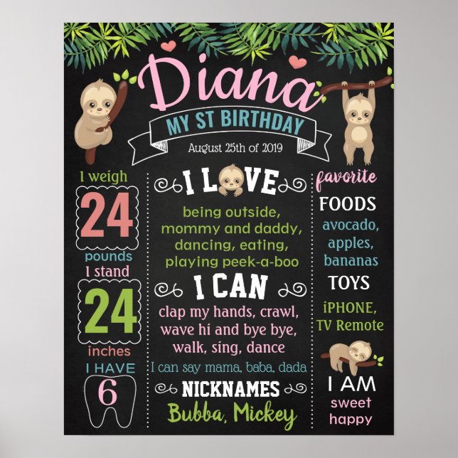 Sloth Let's Hang Zoo First Birthday chalkboard Poster (Front)