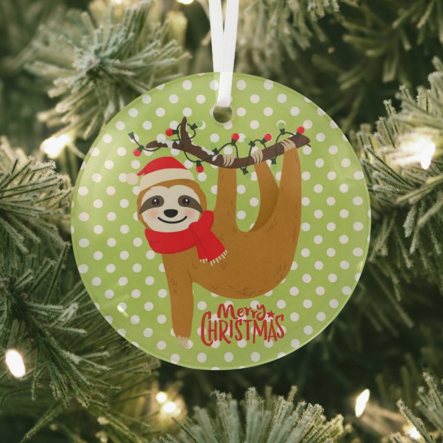Sloth Merry Christmas Cute Festive Holiday Animal  Glass Ornament (Insitu)