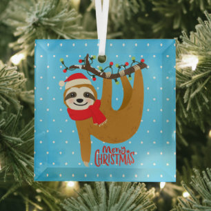 Sloth Merry Christmas Cute Festive Holiday Animal  Glass Ornament