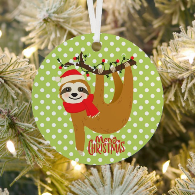 Sloth Merry Christmas Cute Festive Holiday Animal Metal Ornament (Insitu)