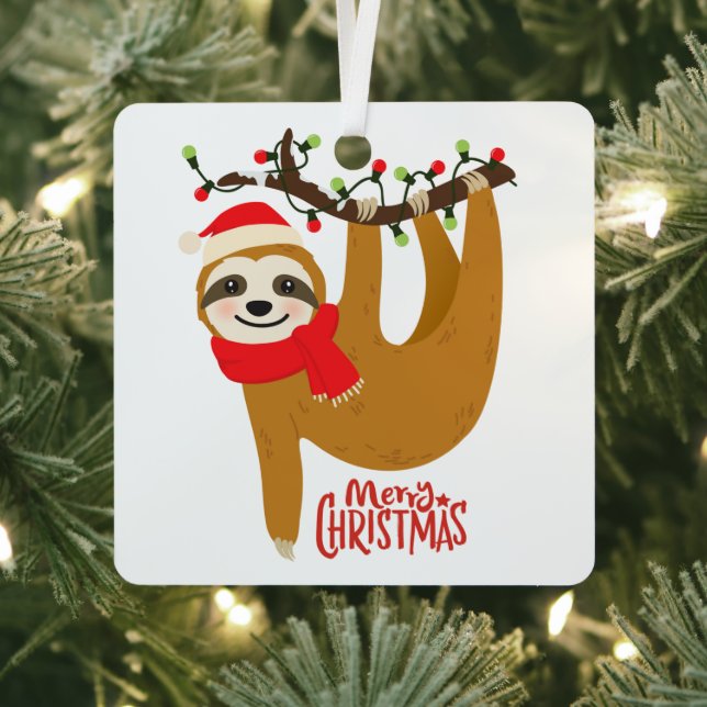 Sloth Merry Christmas Cute Festive Holiday Animal Metal Ornament (Insitu)
