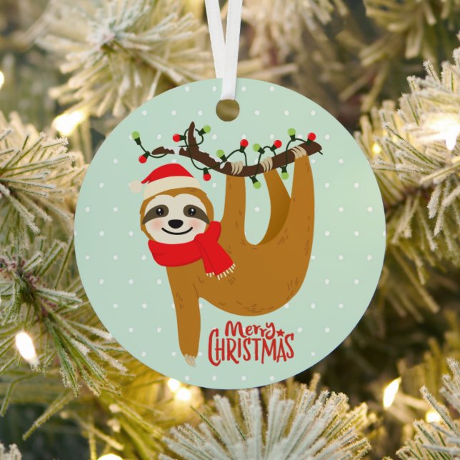 Sloth Merry Christmas Cute Festive Holiday Animal Metal Ornament (Insitu)