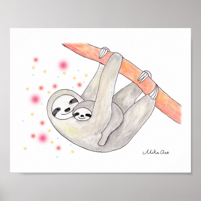 Sloth Mom and Baby Poster Unique Sloth Nursery Art (Devant)