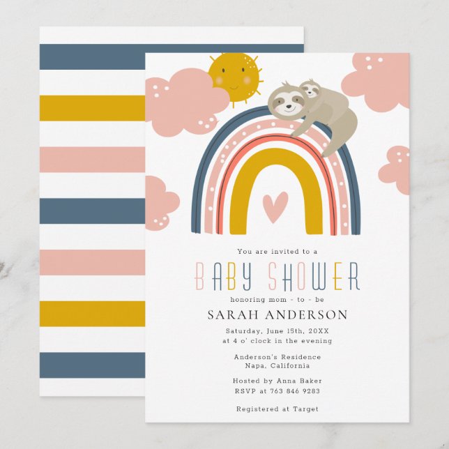 Sloth Mom & Baby with Happy Rainbow Baby Shower  Invitation (Front/Back)