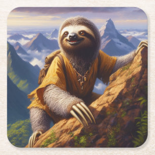 Sloth Mountain Climbing Square Paper Coaster