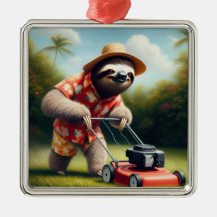 Sloth Mowing Lawn Metal Ornament