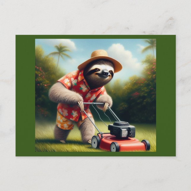 Sloth Mowing Lawn Postcard (Front)