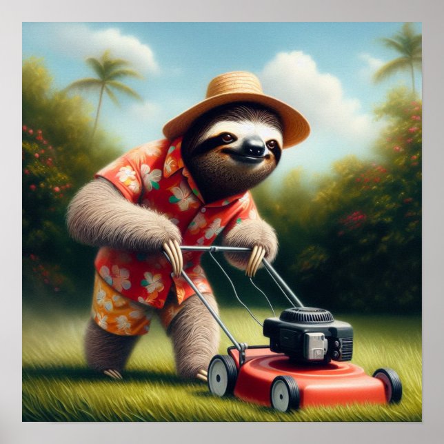 Sloth Mowing Lawn Poster (Front)