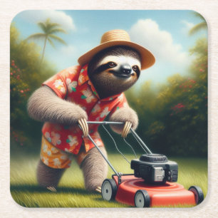 Sloth Mowing Lawn Square Paper Coaster