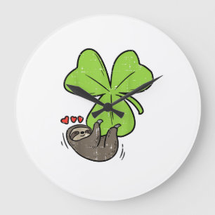 Sloth On Shamrock Hearts Cute St Patricks Day Men Large Clock