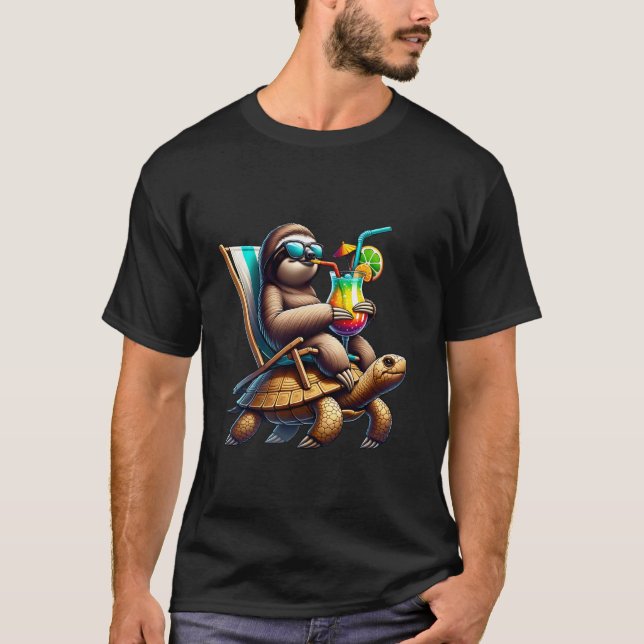 Sloth on Turtle with Cocktail T-Shirt (Front)