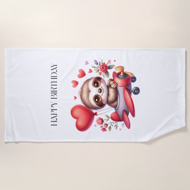 Sloth Pilot Birthday Beach Towel (Front)