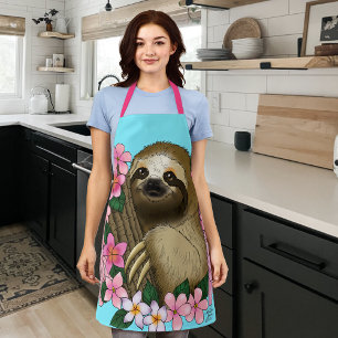 Sloth Pink Flowers Apron