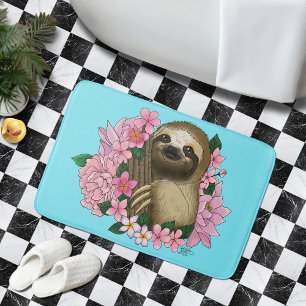 Sloth Pink Flowers Bath Mat
