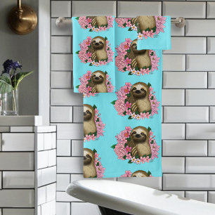 Sloth Pink Flowers Bath Towel Set