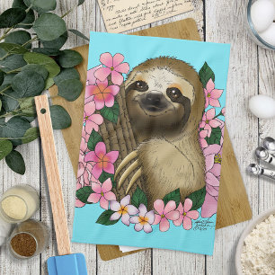Sloth Pink Flowers Kitchen Towel