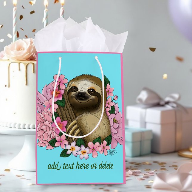 Sloth Pink Flowers Medium Gift Bag (Creator Uploaded)