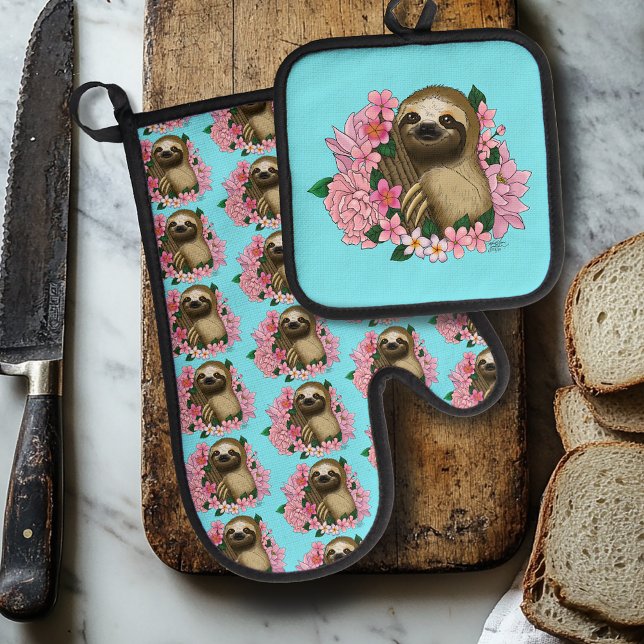 Sloth Pink Flowers Oven Mitt & Pot Holder Set (Creator Uploaded)