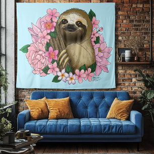 Sloth Pink Flowers Tapestry