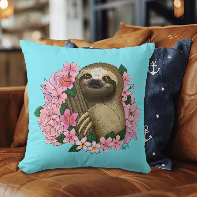 Sloth Pink Flowers Throw Pillow (Creator Uploaded)