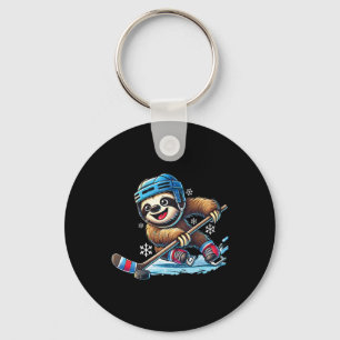Sloth Playing Ice Hockey Kids Boys Girls Funny Ice Keychain