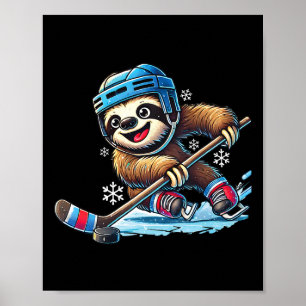 Sloth Playing Ice Hockey Kids Boys Girls Funny Ice Poster