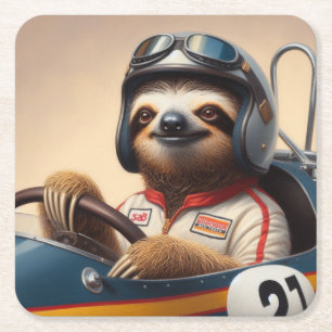 Sloth Racecar Driver Square Paper Coaster