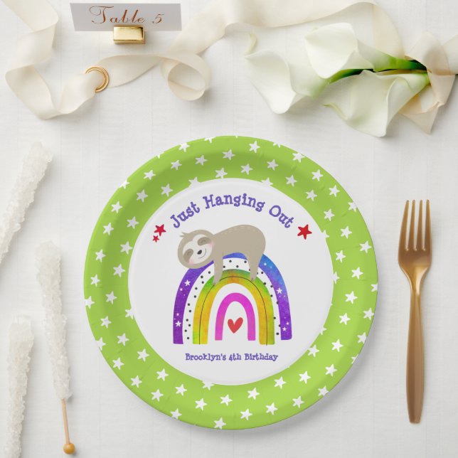 Sloth Rainbow Birthday Green Kawaii Cute Boho Paper Plate (Wedding)