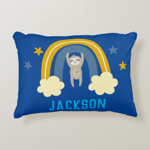 Sloth Rainbow Navy Blue Personalise Name Accent Pillow