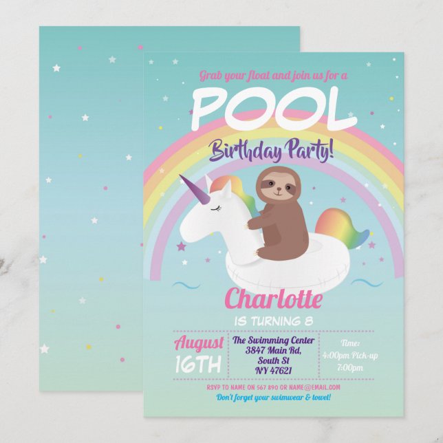 Sloth Rainbow Pool Party Birthday Unicorn Float Invitation (Front/Back)