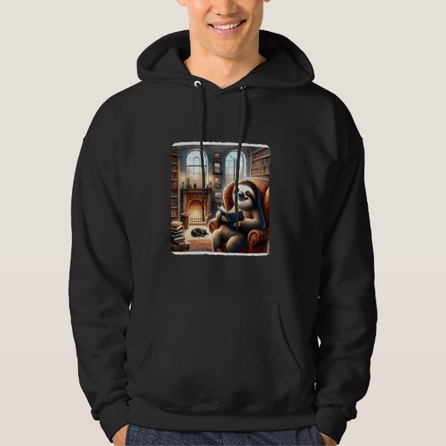 Sloth Reading In A Cozy Library With A Cat. Firepl Hoodie (Front)