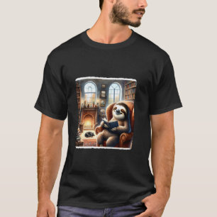 Sloth Reading In A Cozy Library With A Cat. Firepl T-Shirt