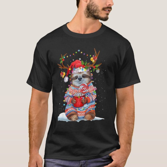 Sloth Reindeer Santa Hat Xmas Lights Christmas Xma T-Shirt (Front)