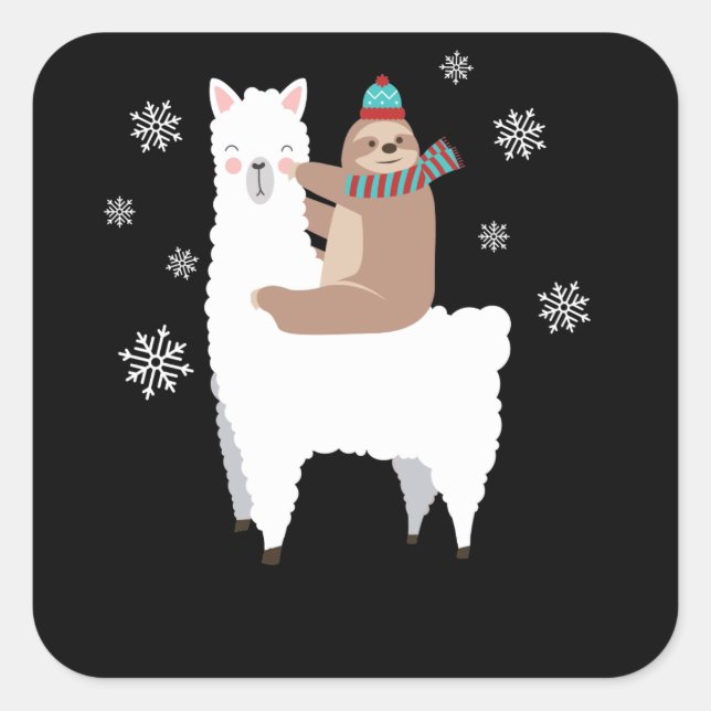 Sloth Riding Llama Funny Christmas Scarf Santa Hat Square Sticker (Front)