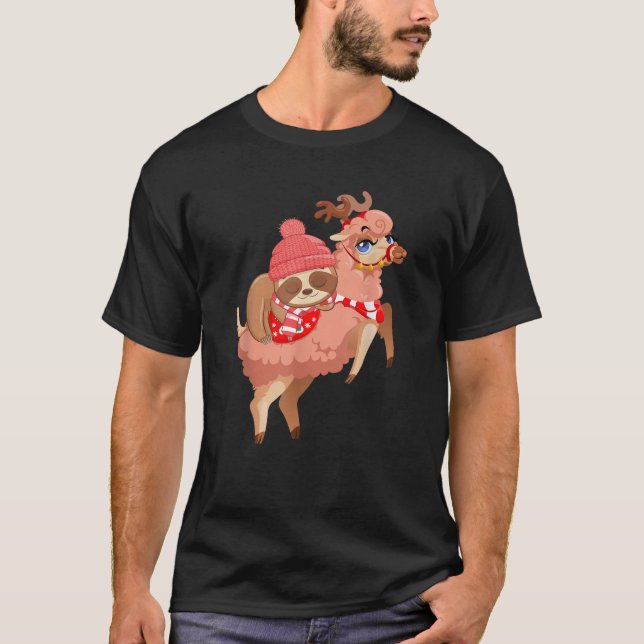 Sloth Riding Llama Reindeer Christmas Pajama Anima T-Shirt (Front)