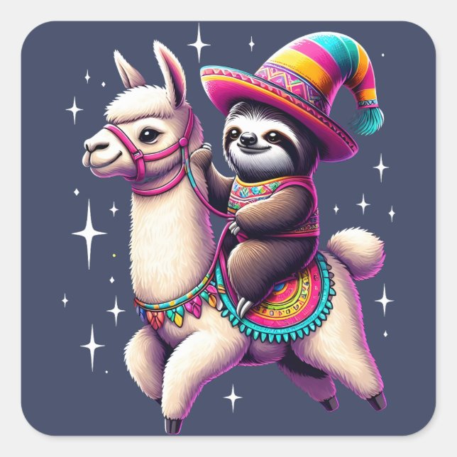 Sloth Riding On Llama Cute Animals Kids Boys Girls Square Sticker (Front)