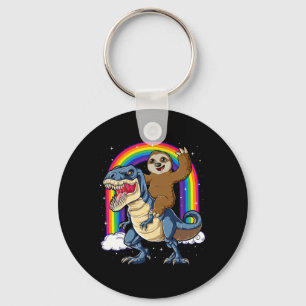Sloth Riding T-rex Dinosaur Rainbow Funny Animals Keychain