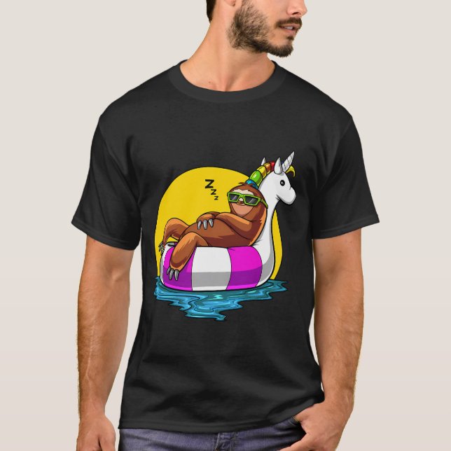 Sloth Riding Unicorn Float Pool Party T-Shirt (Front)