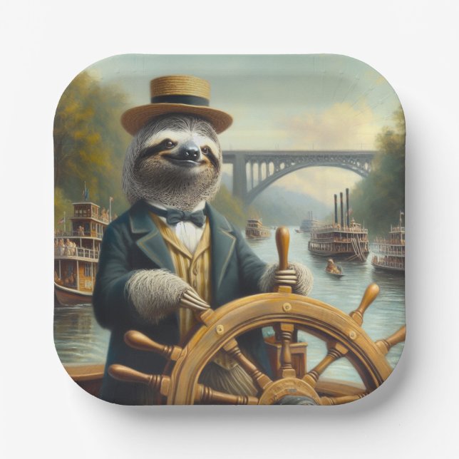 Sloth Riverboat Captain Paper Plate (Front)